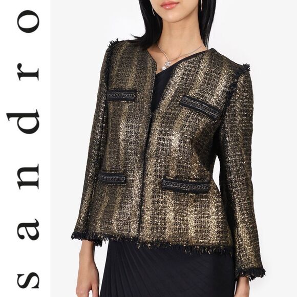 SANDRO GOLD METALLIC TWEED FRINGE JACKET  BOUCLE BLAZER SIZE 38 - Picture 1 of 16